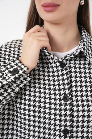 Kadın Kazayağı Desen Oversize Gömlek 3854 - Siyah - Beyaz