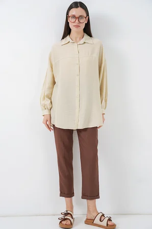 Kadın Uzun Oversize Gömlek 5965 - Ekru
