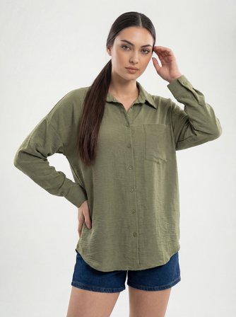 20153 Tek Cepli Oversize Keten Gömlek - A.Haki