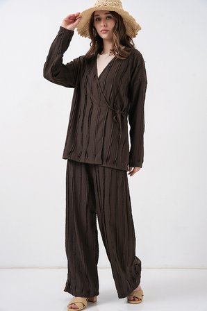 Kadın Örme Kimono Pantolon İkili Takım 30067 - Kahverengi