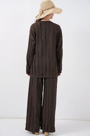 Kadın Örme Kimono Pantolon İkili Takım 30067 - Kahverengi