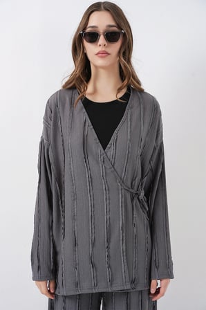 Kadın Örme Kimono Pantolon İkili Takım 30067 - Gri