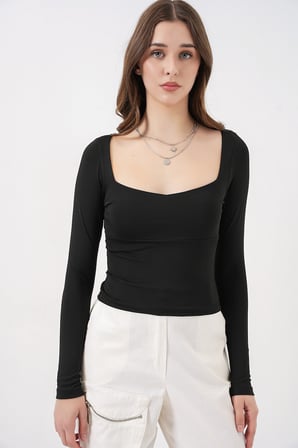 Kadın Kare Yaka Slim Fit Bluz 986 - Siyah