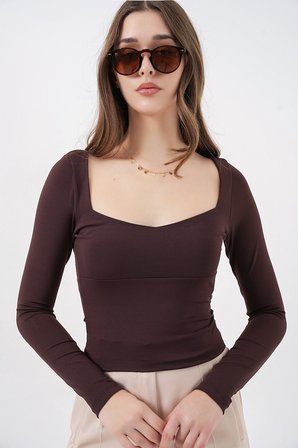 Kadın Kare Yaka Slim Fit Bluz 986 - Kahverengi