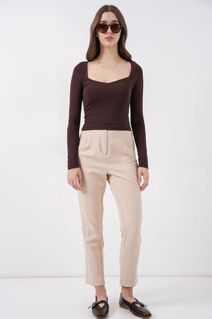 Kadın Kare Yaka Slim Fit Bluz 986 - Kahverengi