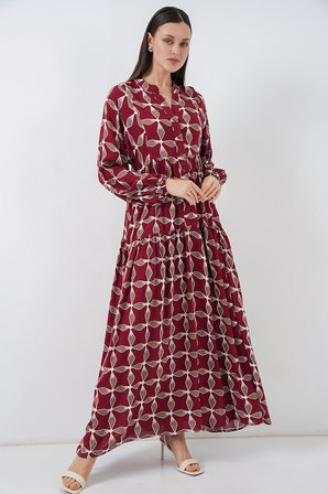 Kadın Desenli Uzun Tesettür Elbise 2585 - F.Bordo
