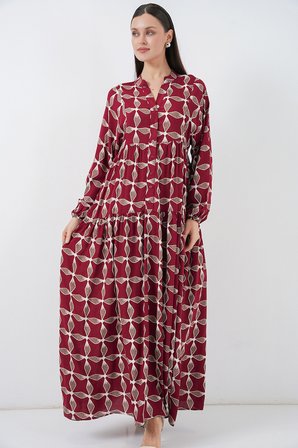 Kadın Desenli Uzun Tesettür Elbise 2585 - F.Bordo