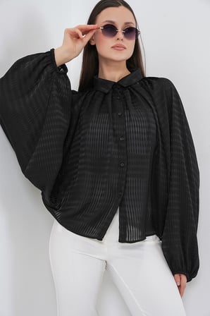 Kadın Yarasa Kol Oversize Gömlek 20368 - Siyah