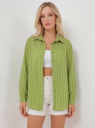 Kadın Çizgili Oversize Gömlek 20293 - E.Yeşil