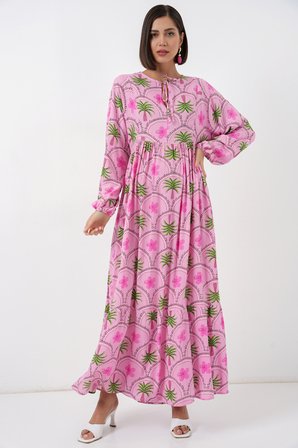 Kadın Desenli Tesettür Elbise 2594 - Pembe