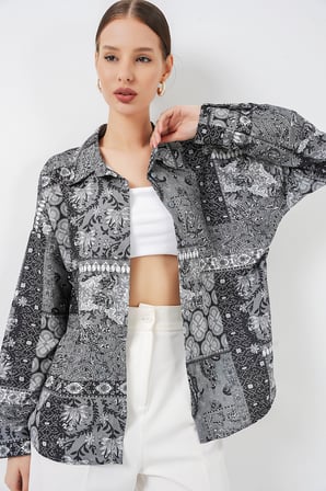 Kadın Oversize Desenli Saten Gömlek 20365 - Antrasit