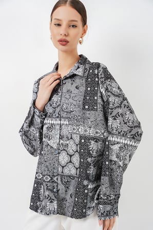Kadın Oversize Desenli Saten Gömlek 20365 - Antrasit