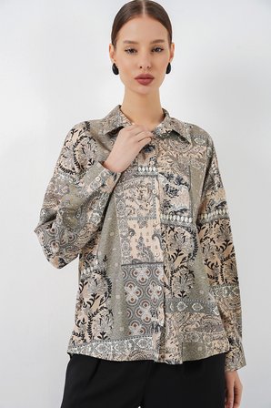 Kadın Oversize Desenli Saten Gömlek 20365 - Çağla