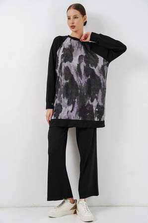Kadın Desenli Oversize Tunik Pantolon İkili Takım 55462 - Siyah