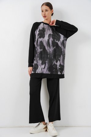 Kadın Desenli Oversize Tunik Pantolon İkili Takım 55462 - Siyah