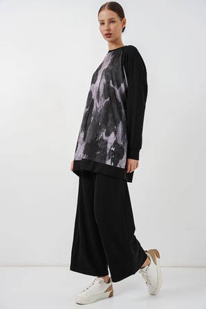 Kadın Desenli Oversize Tunik Pantolon İkili Takım 55462 - Siyah
