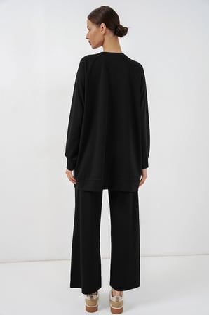 Kadın Desenli Oversize Tunik Pantolon İkili Takım 55462 - Siyah