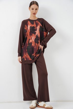 Kadın Desenli Oversize Tunik Pantolon İkili Takım 55462 - Kahverengi