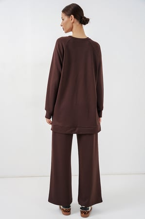 Kadın Desenli Oversize Tunik Pantolon İkili Takım 55462 - Kahverengi