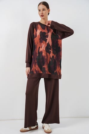 Kadın Desenli Oversize Tunik Pantolon İkili Takım 55462 - Kahverengi