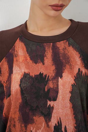 Kadın Desenli Oversize Tunik Pantolon İkili Takım 55462 - Kahverengi