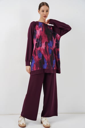 Kadın Desenli Oversize Tunik Pantolon İkili Takım 55462 - Mor