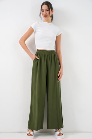 Kadın Beli Lastikli Bol Paça Pantolon 30087 - Haki