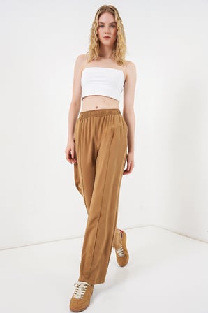 Kadın Beli Lastikli Bol Paça Pantolon 30087 - Taba