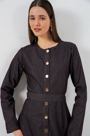 Kadın Kuşaklı Uzun Denim Elbise 2595 - Kahverengi