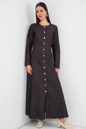 Kadın Kuşaklı Uzun Denim Elbise 2595 - Kahverengi