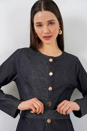 Kadın Kuşaklı Uzun Denim Elbise 2595 - Lacivert