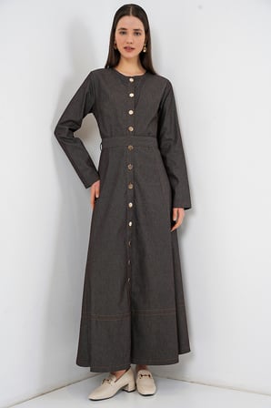 Kadın Kuşaklı Uzun Denim Elbise 2595 - Füme