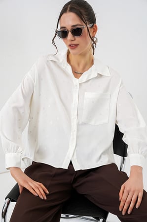 Kadın Desenli Oversize Gömlek 20361 - Gümüş