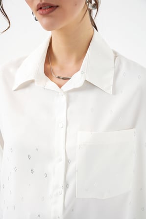 Kadın Desenli Oversize Gömlek 20361 - Gümüş