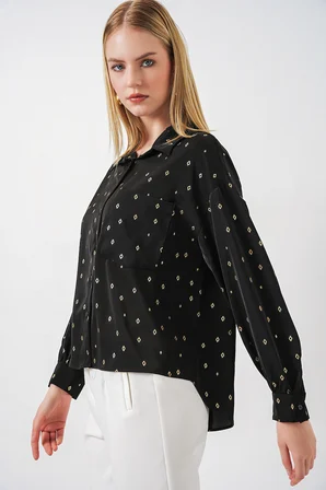 Kadın Desenli Oversize Gömlek 20361 - Siyah