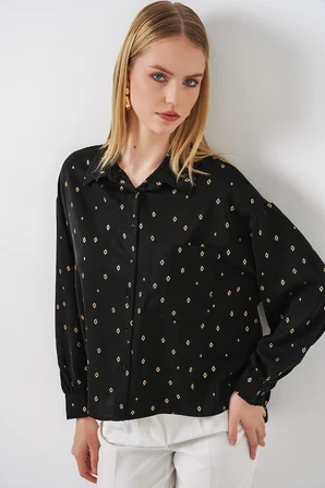 Kadın Desenli Oversize Gömlek 20361 - Siyah