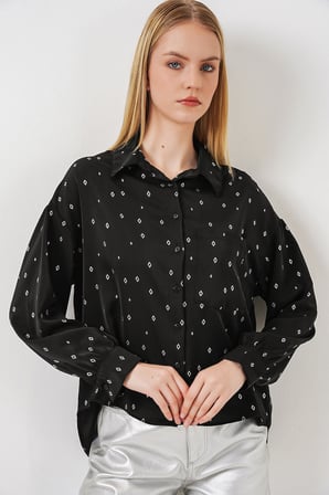 Kadın Desenli Oversize Gömlek 20361 - Siyah - Gümüş
