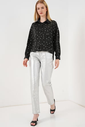 Kadın Desenli Oversize Gömlek 20361 - Siyah - Gümüş