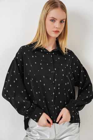 Kadın Desenli Oversize Gömlek 20361 - Siyah - Gümüş