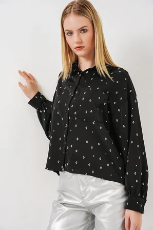 Kadın Desenli Oversize Gömlek 20361 - Siyah - Gümüş