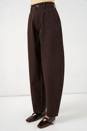 6689 Kadın Yüksek Bel Baggy Kot Pantolon - Kahverengi