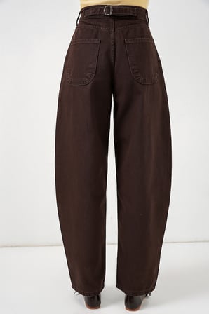 6689 Kadın Yüksek Bel Baggy Kot Pantolon - Kahverengi