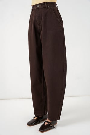 6689 Kadın Yüksek Bel Baggy Kot Pantolon - Kahverengi