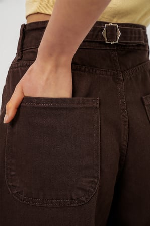 6689 Kadın Yüksek Bel Baggy Kot Pantolon - Kahverengi