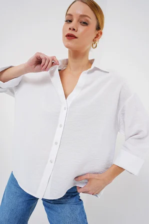 Kadın Oversize Kısa Kol Gömlek 20315 - Beyaz