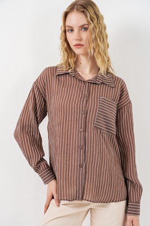 Kadın Tek Cepli Çizgili Oversize Gömlek 20375 - Kahverengi