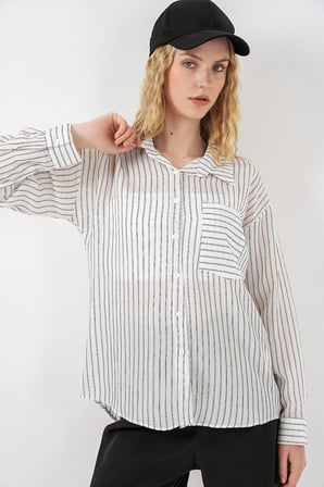 Kadın Tek Cepli Çizgili Oversize Gömlek 20375 - Beyaz