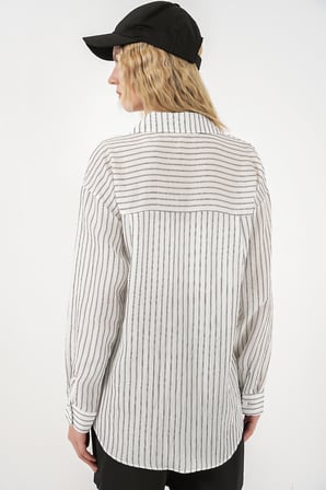 Kadın Tek Cepli Çizgili Oversize Gömlek 20375 - Beyaz