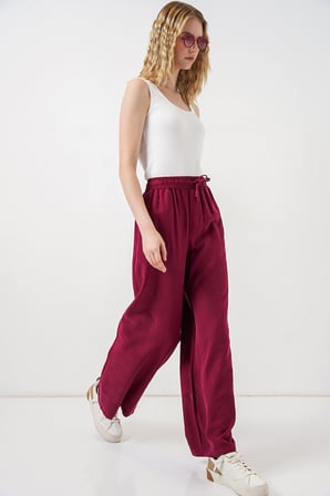 Kadın Yüksek Bel Geniş Paça Pantolon 30097 - Bordo