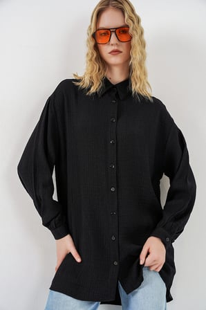 Kadın Dokulu Oversize Tunik 5989 - Siyah